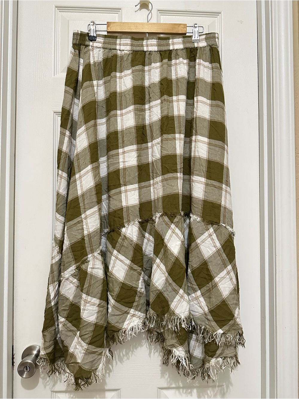 Cato Olive and White Plaid Tiered High-Low Skirt